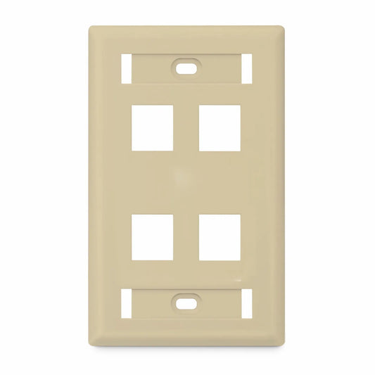 SyncEase Single Gang Four Port Keystone Faceplate, Label Pockets, Ivory