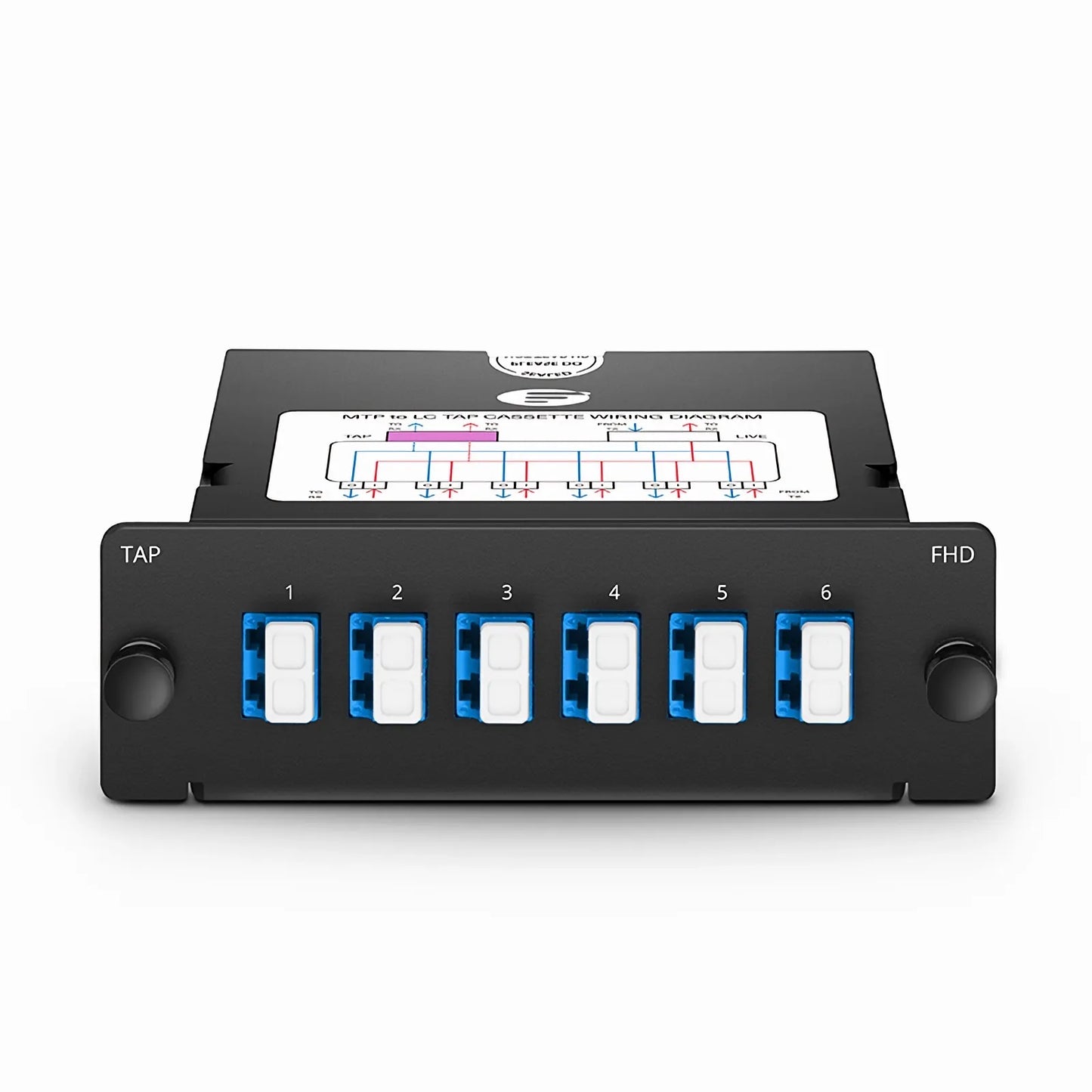 FHD™ MTP®-LC TAP Cassette, OS2 Single Mode, 6 x LC Duplex Live Ports, MTP®-12 Male Live Port, MTP®-12 Male TAP Port, 50/50 Split Ratio (Live/TAP), 10/40/100G