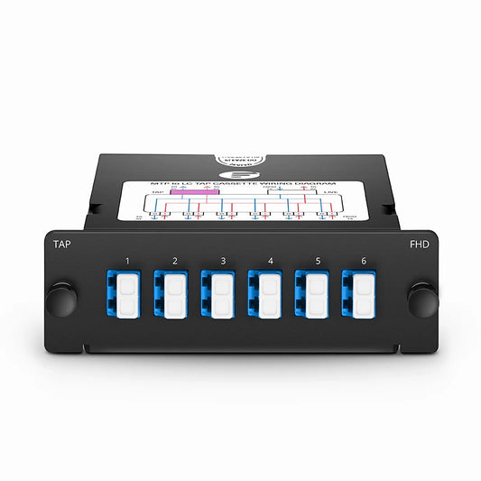 FHD™ MTP®-LC TAP Cassette, OS2 Single Mode, 6 x LC Duplex Live Ports, MTP®-12 Male Live Port, MTP®-12 Male TAP Port, 50/50 Split Ratio (Live/TAP), 10/40/100G