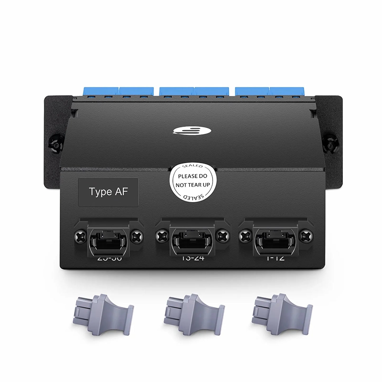FHD™ MTP®-LC Cassette, OS2 Single Mode, Type AF, 36 Fibers, 3 x MTP®-12 (Male) to 18 x Shuttered LC Duplex (Blue), 0.35dB Max.