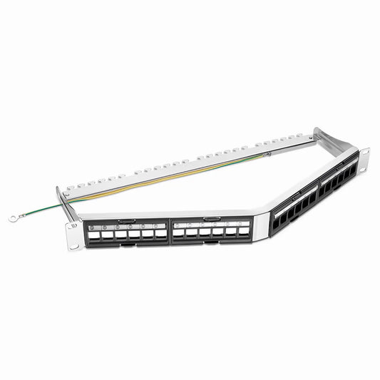 FDMP Blank Shielded/UnShielded Angled Recessed Patch Panel for Keystone Modules, 24-Port, 1RU, Cable Management Bar Included, Black