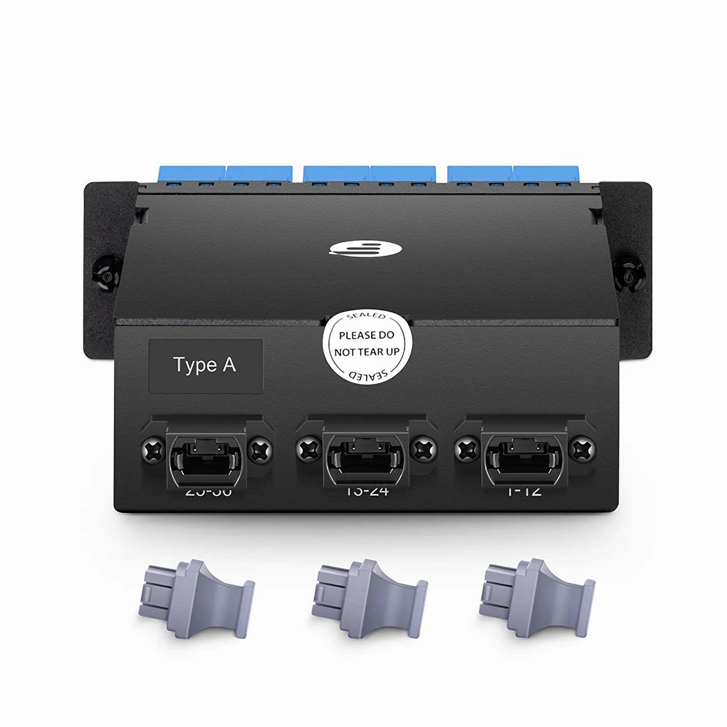 FHD™ MTP®-LC Cassette, OS2 Single Mode, Type A, 36 Fibers, 3 x MTP®-12 (Male) to 18 x Shuttered LC Duplex (Blue), 0.35dB Max.