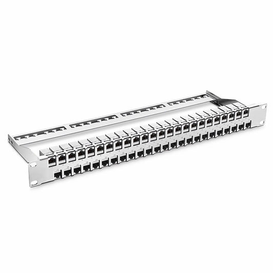 FDMP Cat6a Shielded Coupler Flat Patch Panel, 48-Port, 1RU, Cable Management Bar Included