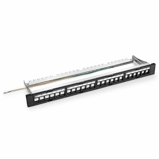 FDMP Blank Shielded/UnShielded Recessed Patch Panel for Keystone Modules, 24-Port, 1RU, Cable Management Bar Included, Black