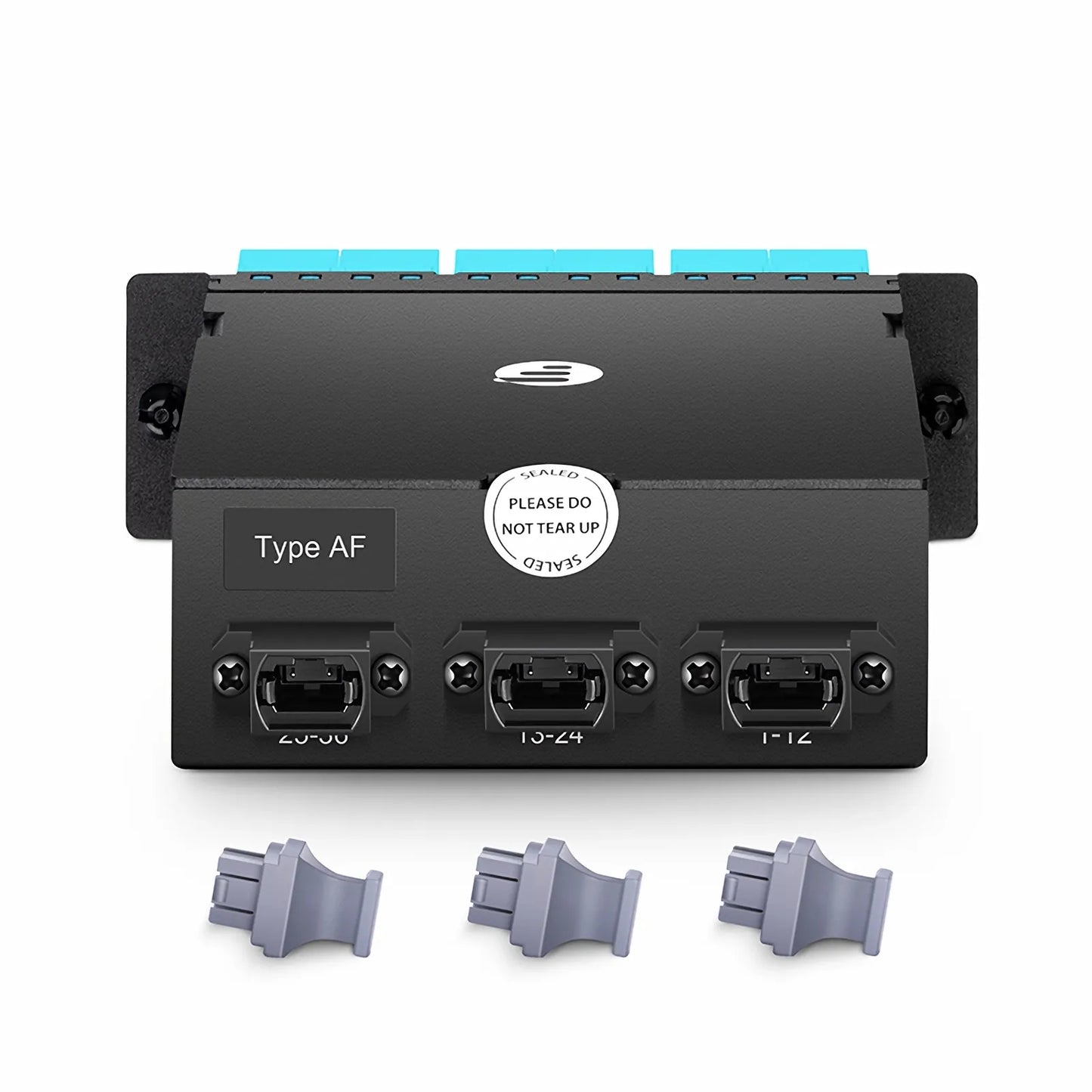 FHD™ MTP®-LC Cassette, OM4 Multimode, Type AF, 36 Fibers, 3 x MTP®-12 (Male) to 18 x Shuttered LC Duplex (Aqua), 0.35dB Max.