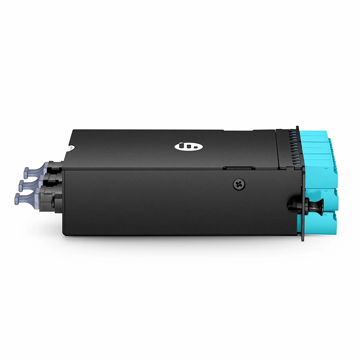 FHD™ MTP®-LC Cassette, OM4 Multimode, Type A, 36 Fibers, 3 x MTP®-12 (Male) to 18 x Shuttered LC Duplex (Aqua), 0.35dB Max.