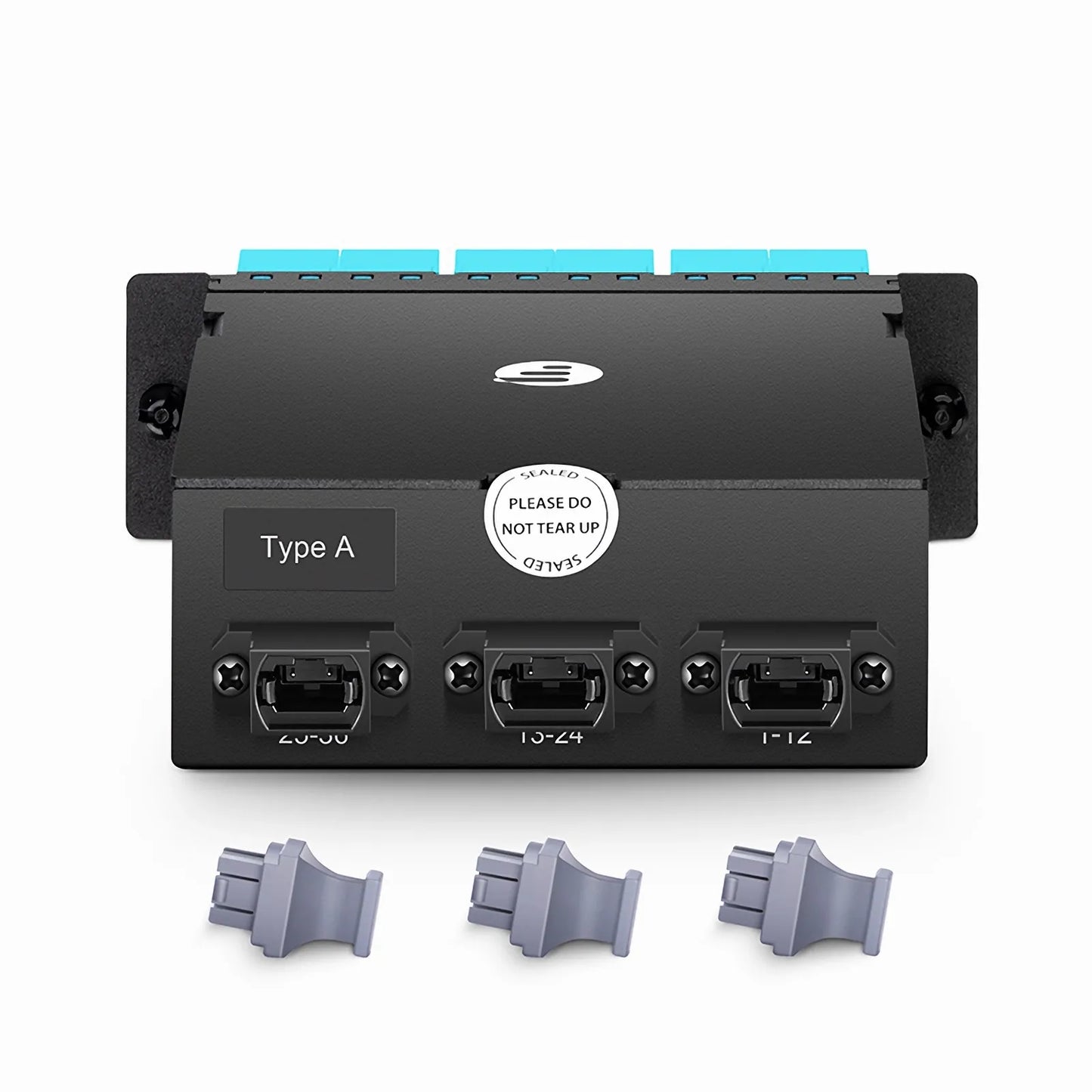 FHD™ MTP®-LC Cassette, OM4 Multimode, Type A, 36 Fibers, 3 x MTP®-12 (Male) to 18 x Shuttered LC Duplex (Aqua), 0.35dB Max.