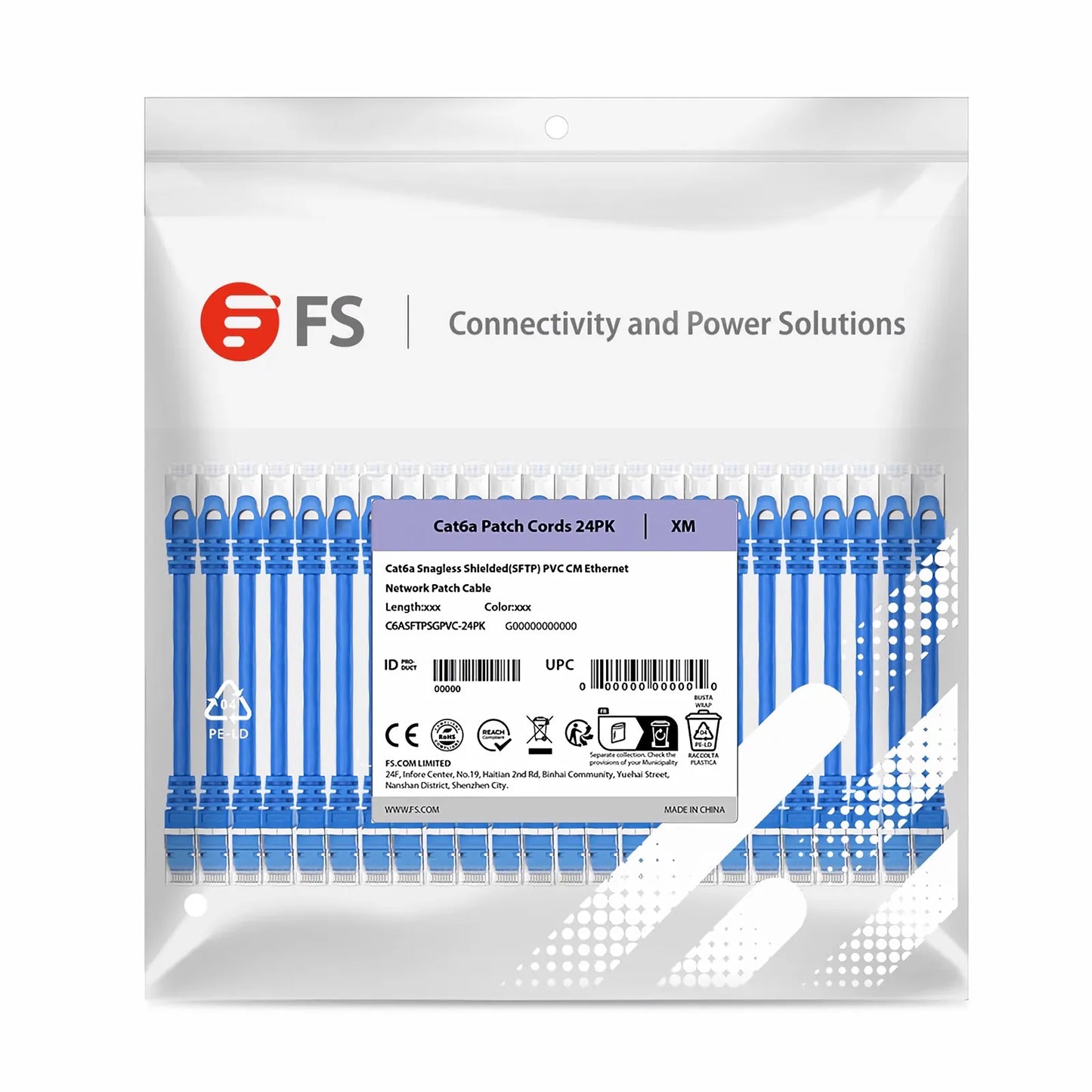 1ft (0.3m) Cat6a 26AWG Snagless Shielded (S/FTP) PVC CM Ethernet Network Patch Cable, Blue, 24Pcs/pack