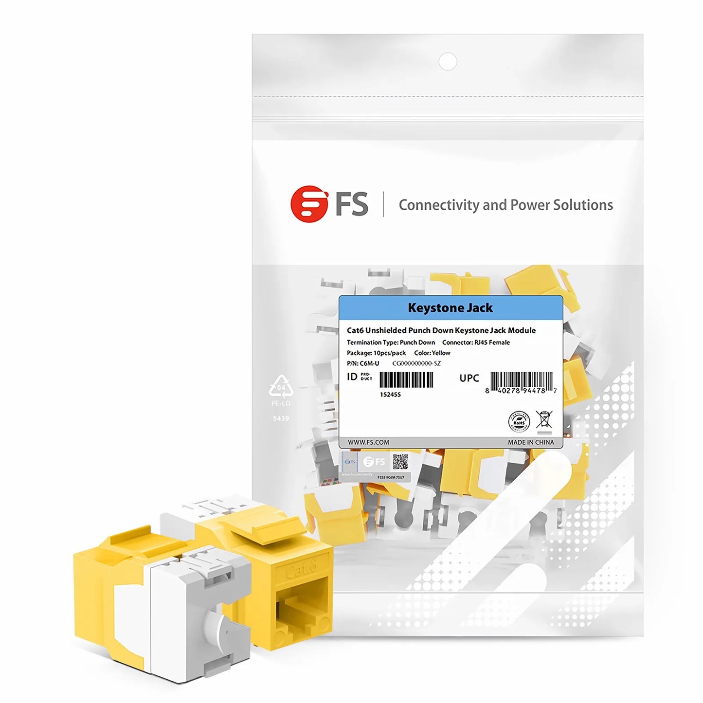 Cat6 RJ45 (8P8C) Unshielded Punch Down Keystone Jack Module, Yellow (10 pcs/Pack)