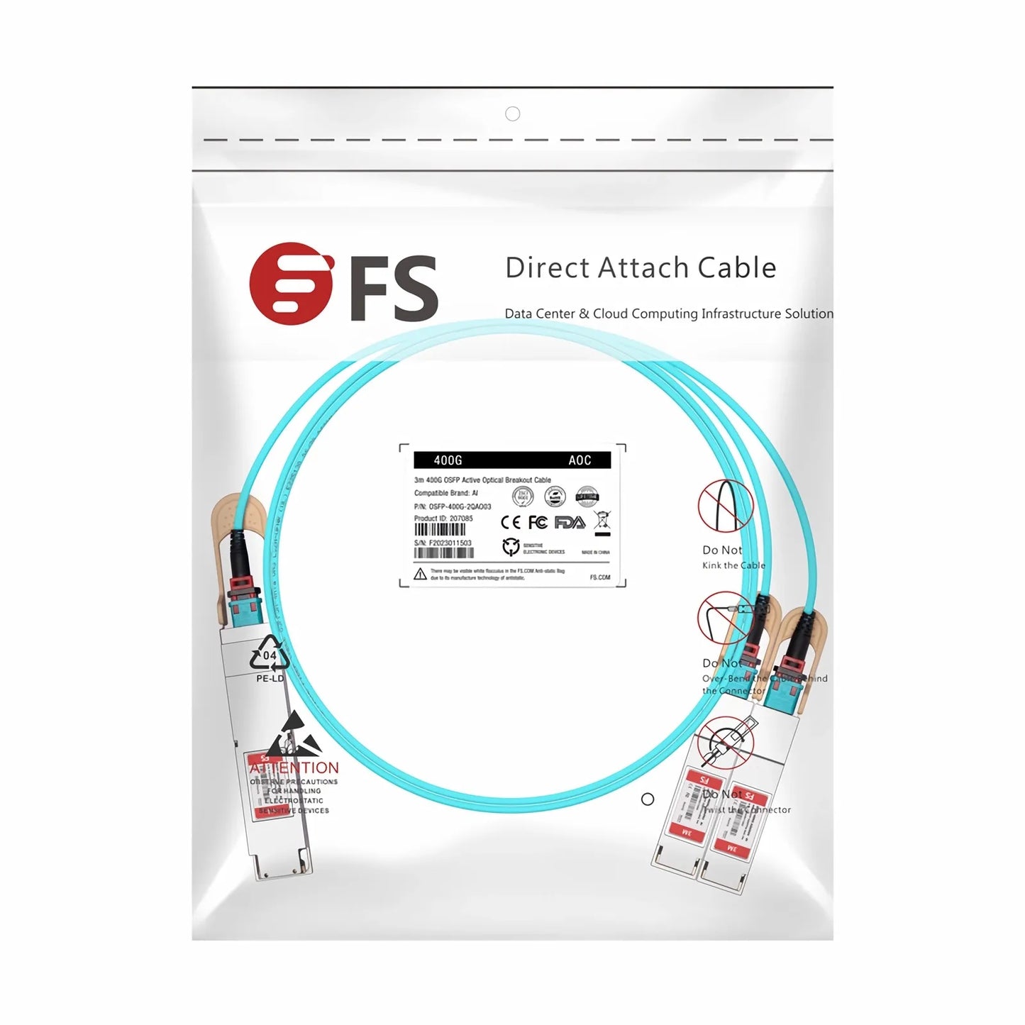 3m (10ft) 400G OSFP 8 x 50G PAM4 Finned Top to 2 x 200G QSFP56 4 x 50G PAM4 Active Optical Breakout Cable for FS Switches
