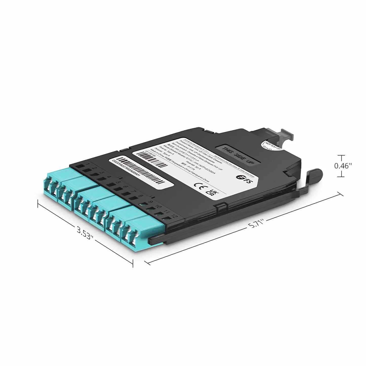 FHX™ MTP®-LC Cassette, OM4 Multimode, Type A, 12 Fibers, MTP®-12 (Male) to 6 x Shuttered LC Duplex (Aqua), 0.35dB Max.