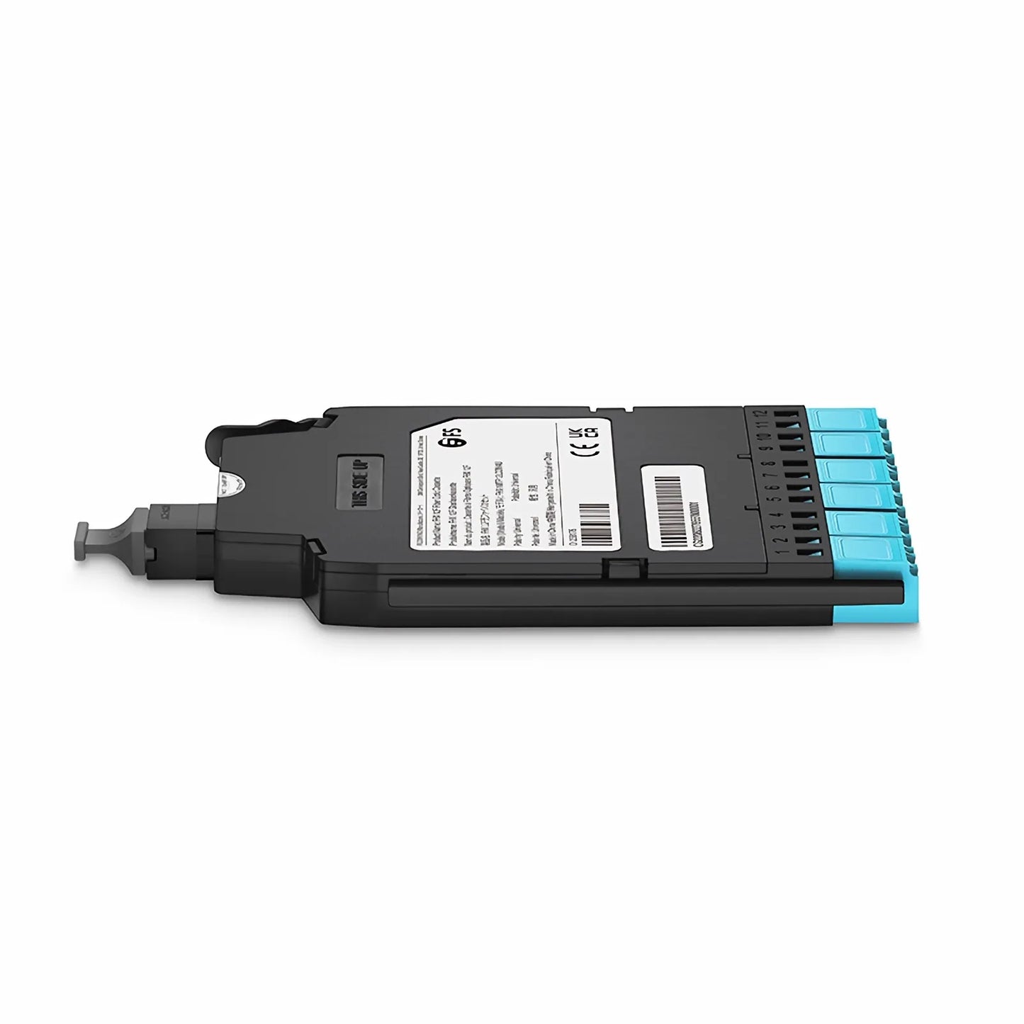 FHX™ MTP®-LC Cassette, OM4 Multimode, Universal, 12 Fibers, MTP®-12 (Male) to 6 x Shuttered LC Duplex (Aqua), 0.35dB Max.