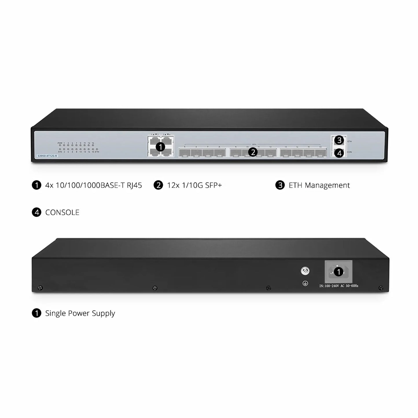 S3950-4T12S-R, 12-Port Ethernet L2+ Managed Switch, 12 x 10Gb SFP+, with 4 x Gigabit RJ45, Support MLAG