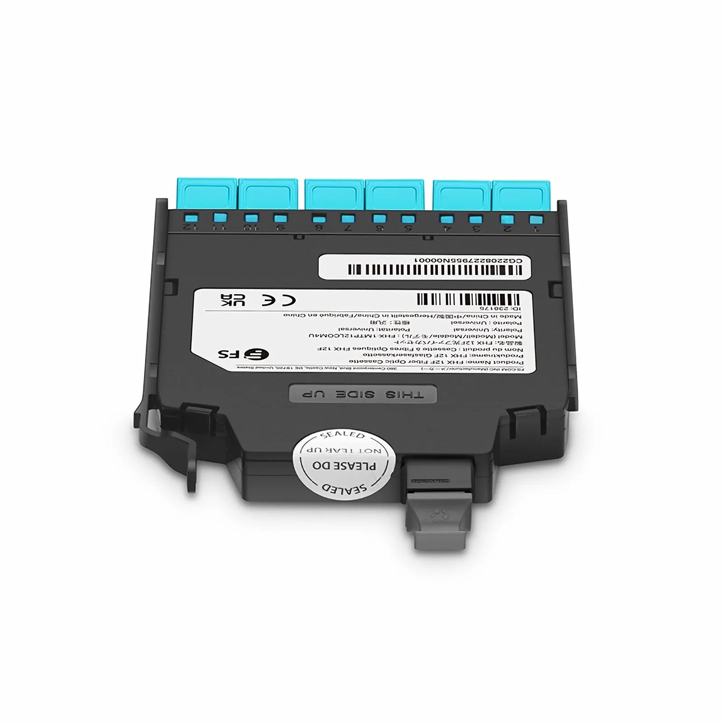 FHX™ MTP®-LC Cassette, OM4 Multimode, Universal, 12 Fibers, MTP®-12 (Male) to 6 x Shuttered LC Duplex (Aqua), 0.35dB Max.