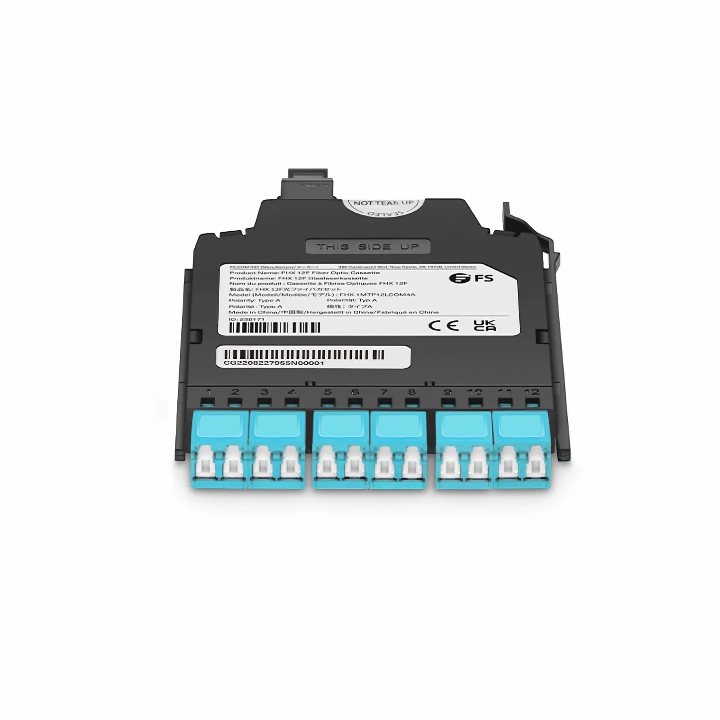 FHX™ MTP®-LC Cassette, OM4 Multimode, Type A, 12 Fibers, MTP®-12 (Male) to 6 x Shuttered LC Duplex (Aqua), 0.35dB Max.