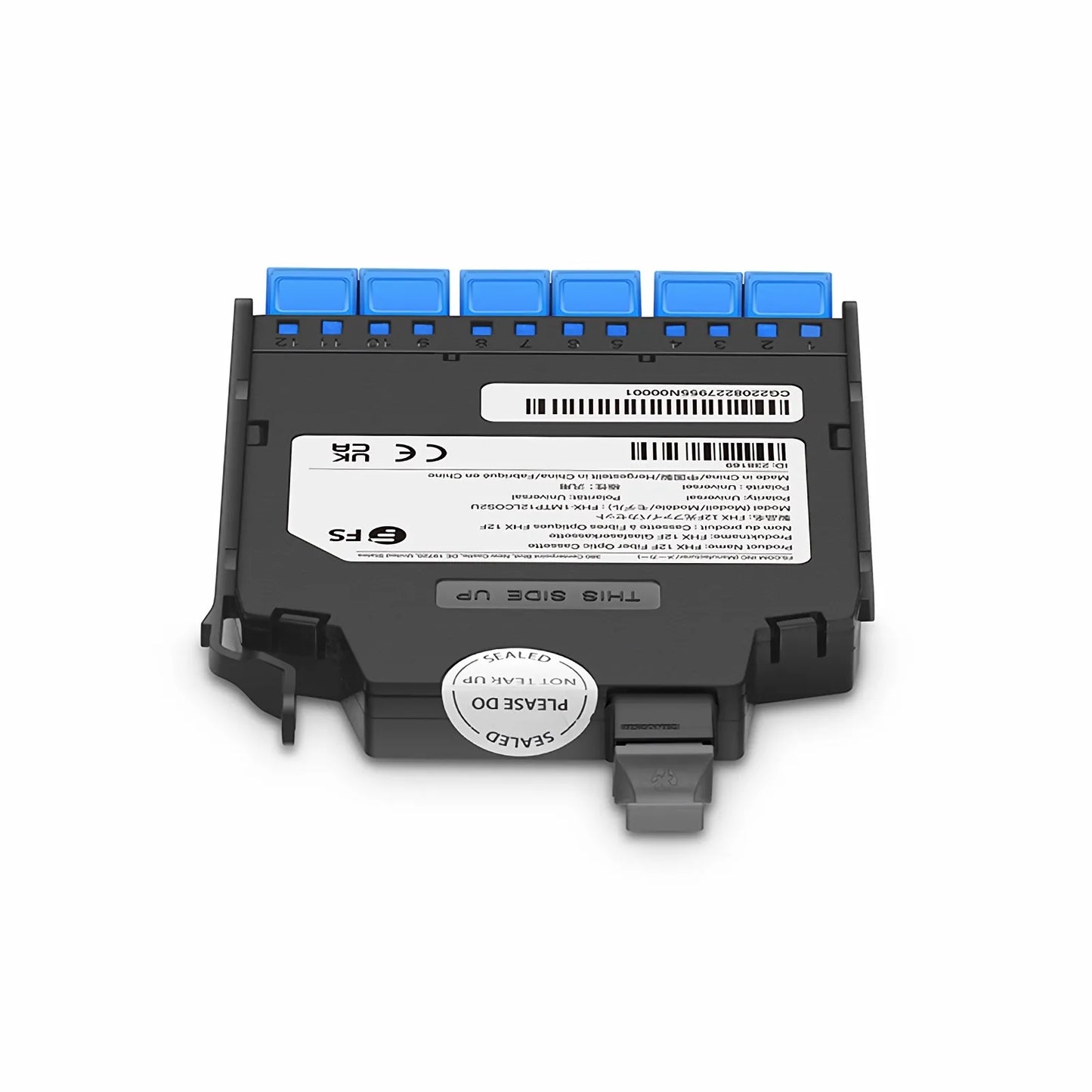 FHX™ MTP®-LC Cassette, OS2 Single Mode, Universal, 12 Fibers, MTP®-12 (Male) to 6 x Shuttered LC Duplex (Blue), 0.35dB Max.