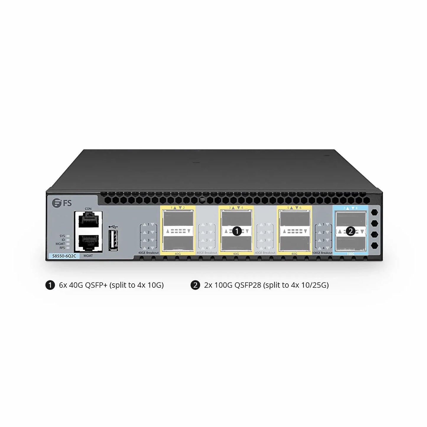S8550-6Q2C, 8-Port Ethernet L3 Half-Width Switch, 6 x 40Gb QSFP+, with 2 x 100G QSFP28, Support MPLS&MLAG