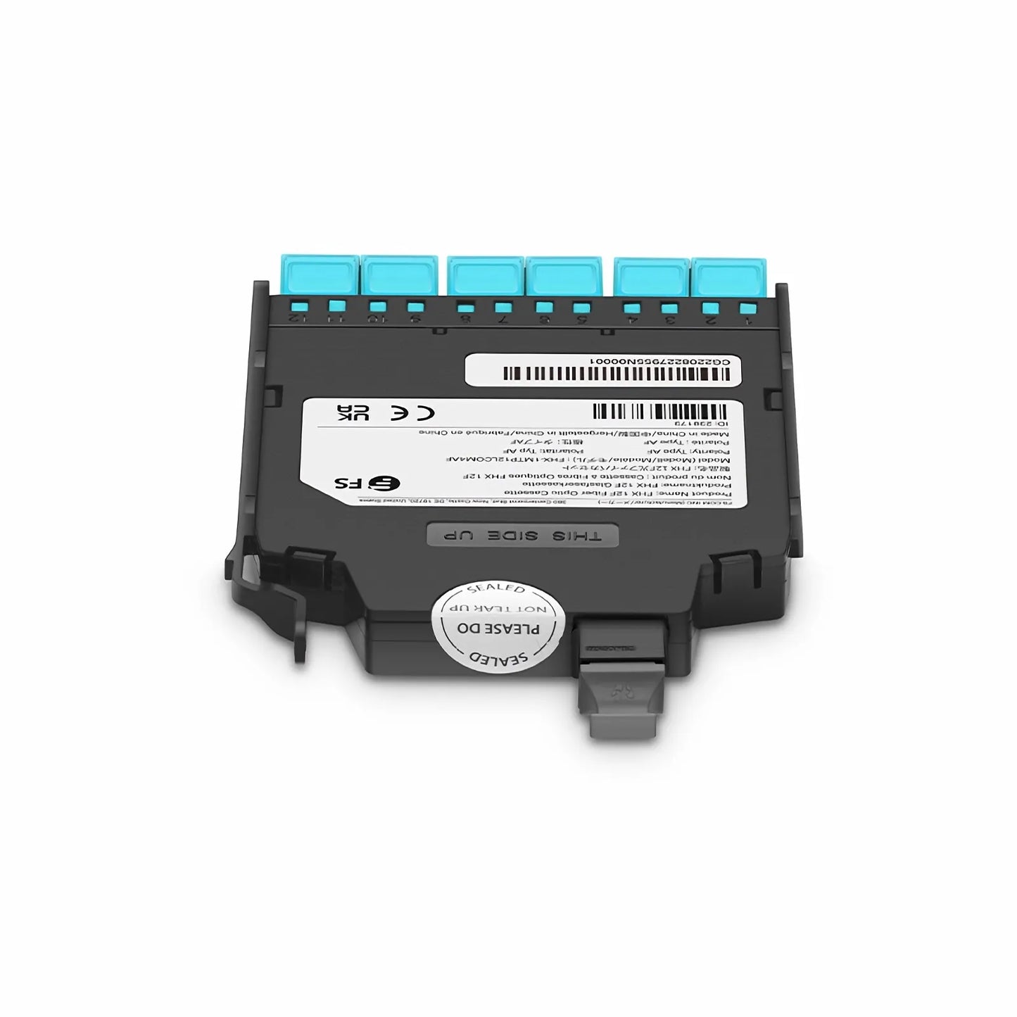 FHX™ MTP®-LC Cassette, OM4 Multimode, Type AF, 12 Fibers, MTP®-12 (Male) to 6 x Shuttered LC Duplex (Aqua), 0.35dB Max.