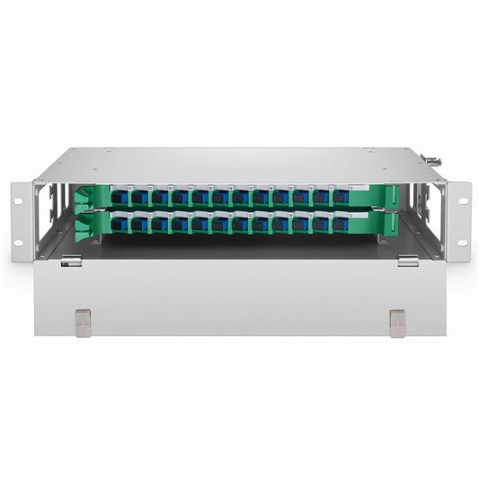 2U Rack Mount Fiber Optic Distribution Panel, 24 Fibers OS2 Single Mode, 24 x SC UPC Simplex (Blue) Adapter