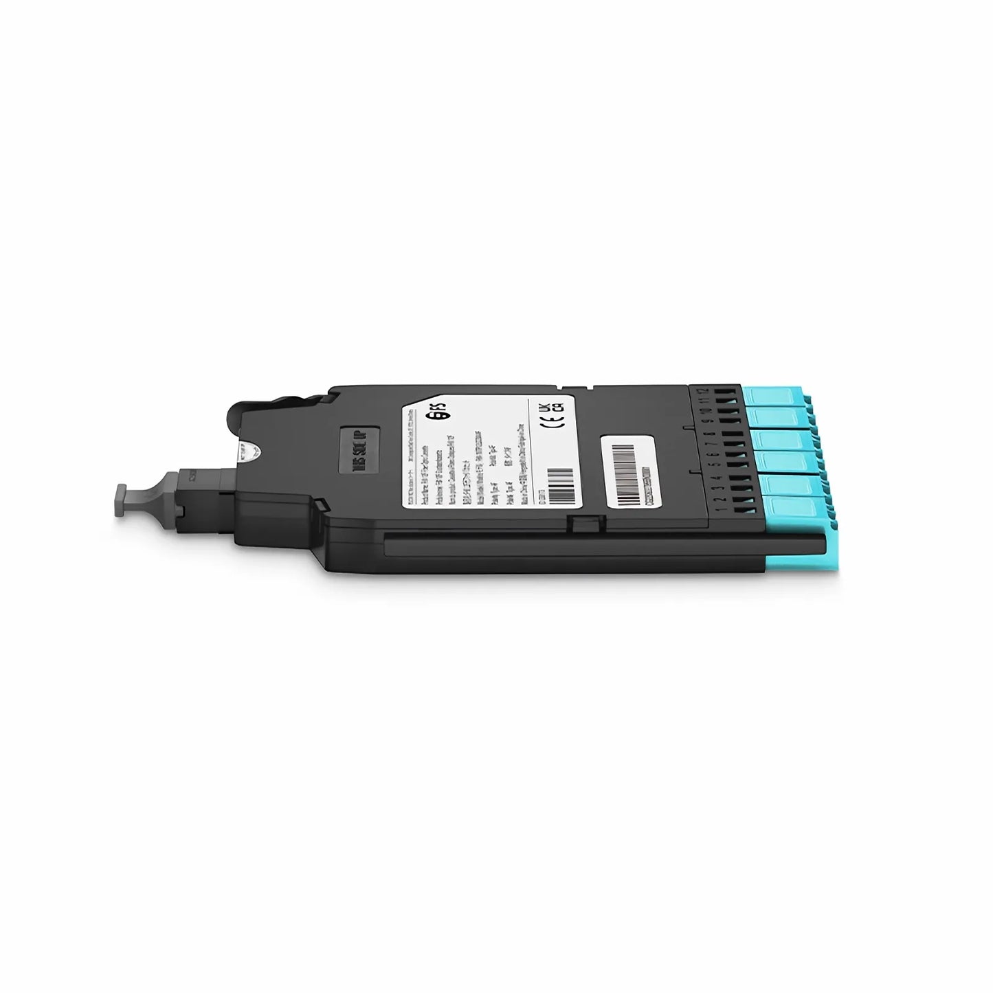 FHX™ MTP®-LC Cassette, OM4 Multimode, Type AF, 12 Fibers, MTP®-12 (Male) to 6 x Shuttered LC Duplex (Aqua), 0.35dB Max.