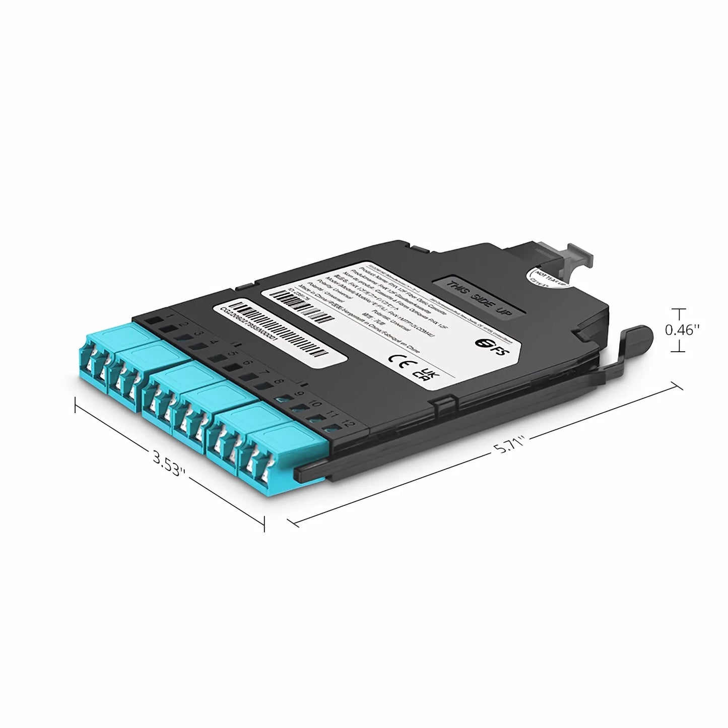 FHX™ MTP®-LC Cassette, OM4 Multimode, Universal, 12 Fibers, MTP®-12 (Male) to 6 x Shuttered LC Duplex (Aqua), 0.35dB Max.