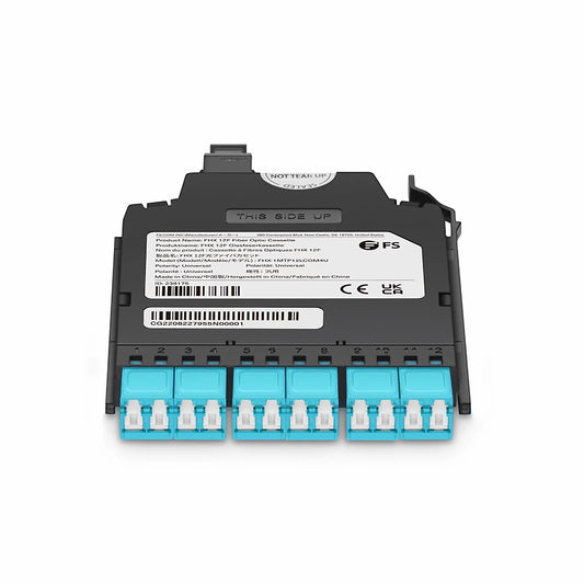 FHX™ MTP®-LC Cassette, OM4 Multimode, Universal, 12 Fibers, MTP®-12 (Male) to 6 x Shuttered LC Duplex (Aqua), 0.35dB Max.