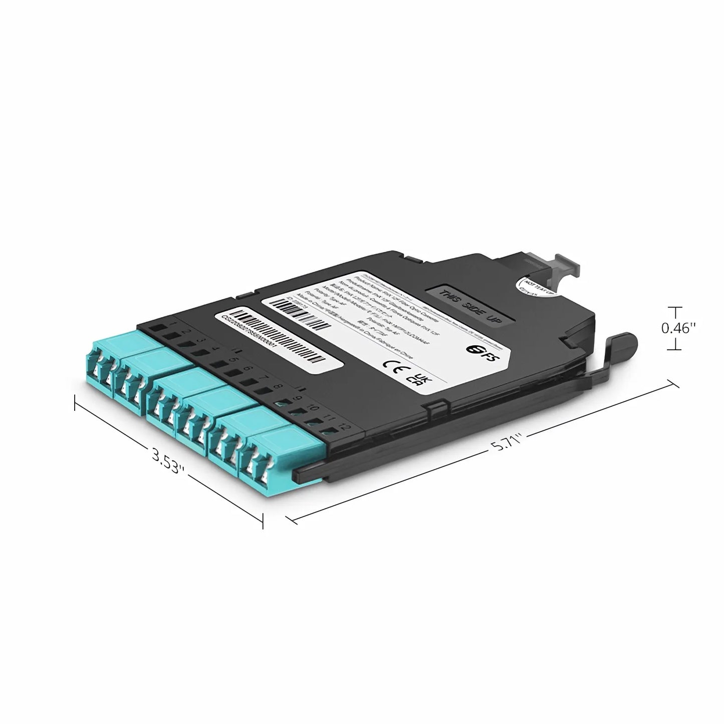 FHX™ MTP®-LC Cassette, OM4 Multimode, Type AF, 12 Fibers, MTP®-12 (Male) to 6 x Shuttered LC Duplex (Aqua), 0.35dB Max.