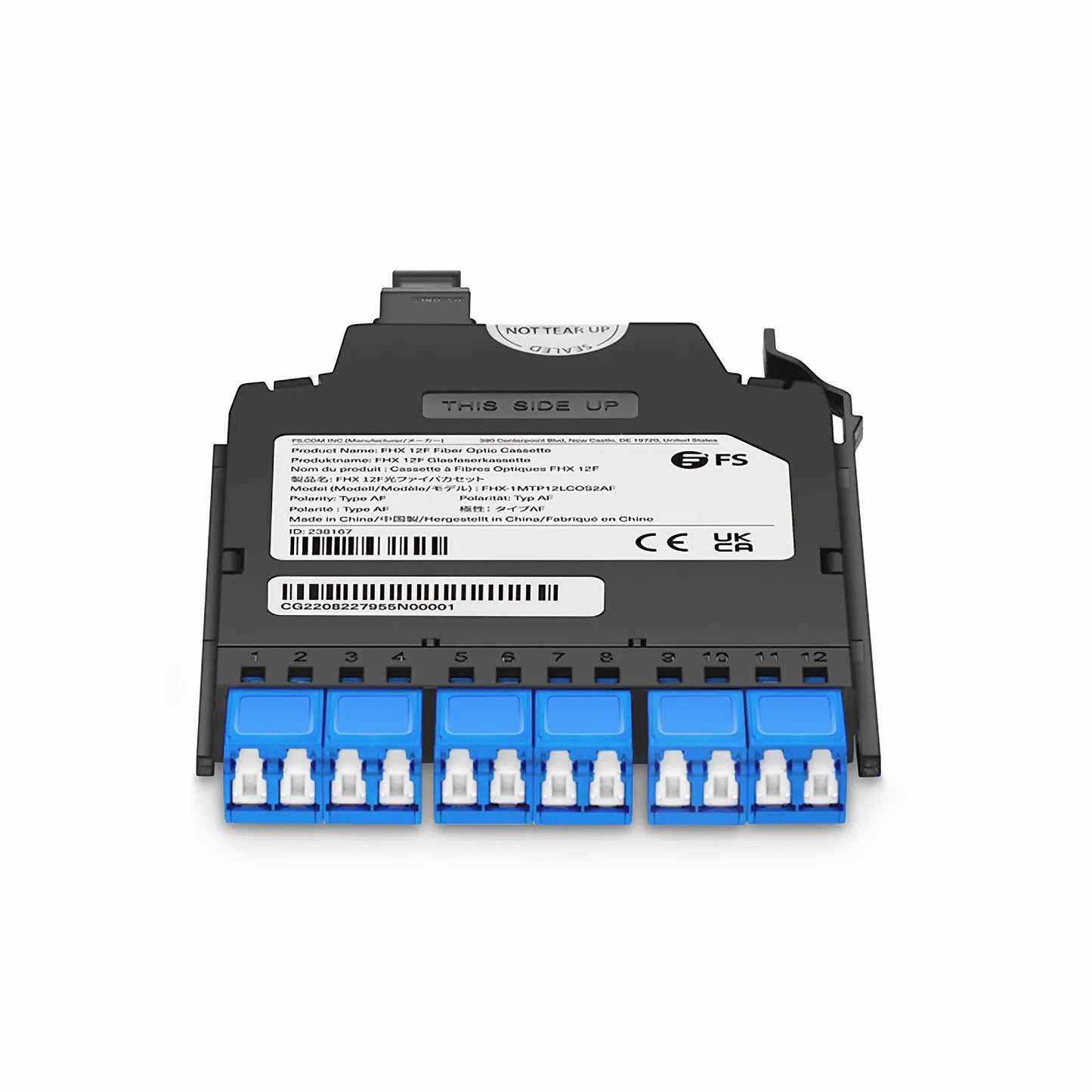 FHX™ MTP®-LC Cassette, OS2 Single Mode, Type AF, 12 Fibers, MTP®-12 (Male) to 6 x Shuttered LC Duplex (Blue), 0.35dB Max.