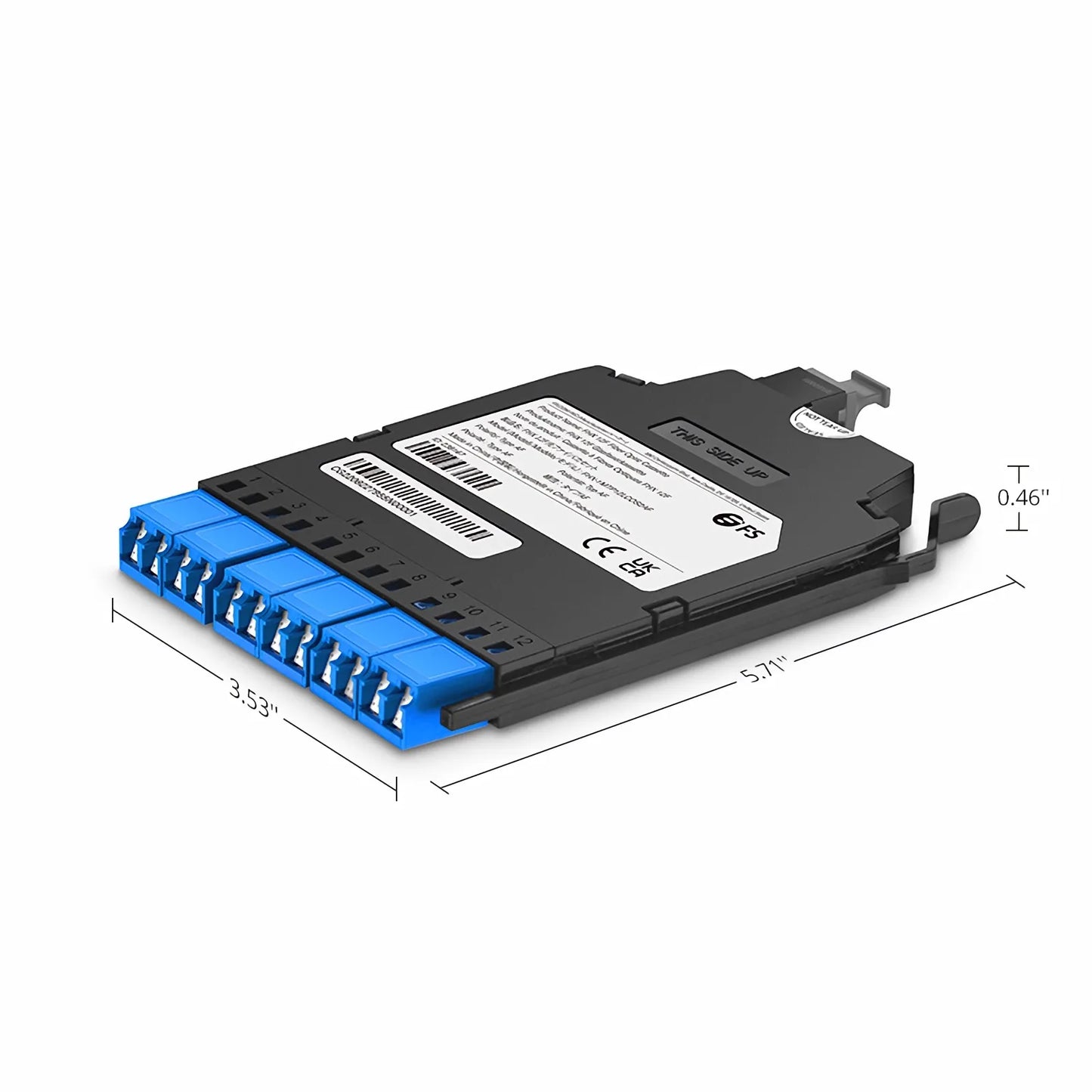 FHX™ MTP®-LC Cassette, OS2 Single Mode, Type AF, 12 Fibers, MTP®-12 (Male) to 6 x Shuttered LC Duplex (Blue), 0.35dB Max.