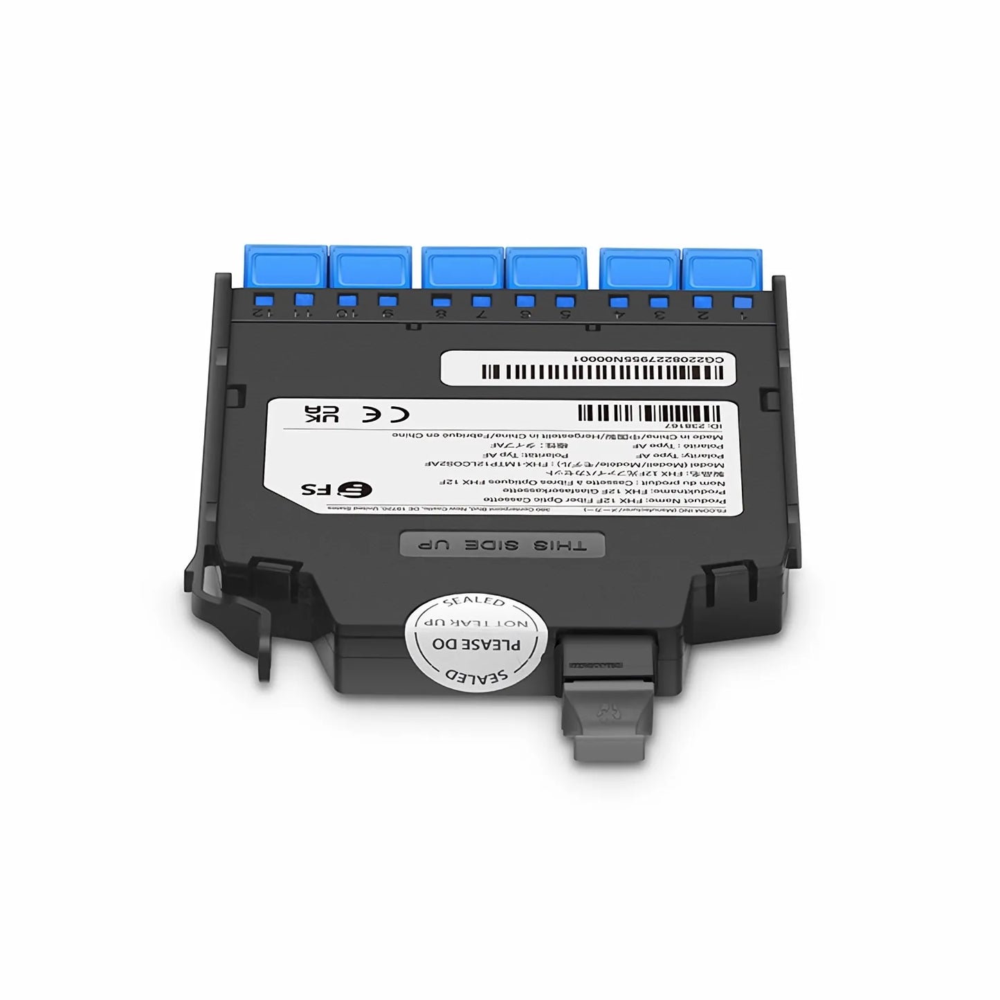 FHX™ MTP®-LC Cassette, OS2 Single Mode, Type AF, 12 Fibers, MTP®-12 (Male) to 6 x Shuttered LC Duplex (Blue), 0.35dB Max.