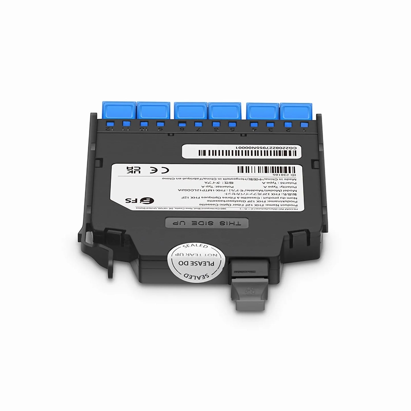 FHX™ MTP®-LC Cassette, OS2 Single Mode, Type A, 12 Fibers, MTP®-12 (Male) to 6 x Shuttered LC Duplex (Blue), 0.35dB Max.