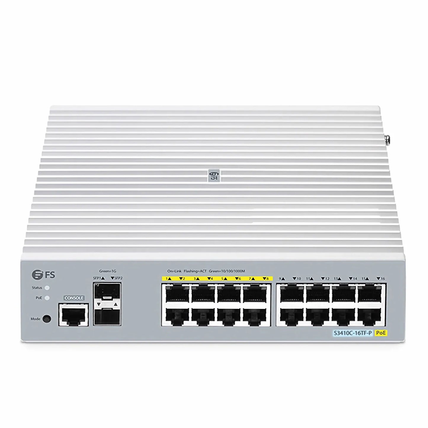 S3410C-16TF-P, 16-Port Gigabit Ethernet L2+ PoE+ Switch, 8 x PoE+ Ports@125W, 8 x 1Gb RJ45, with 2 x 1Gb SFP Uplinks, PicOS®, Support MLAG, Broadcom Chip, Fanless