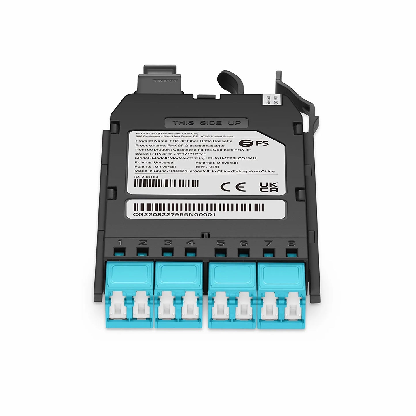 FHX™ MTP®-LC Cassette, OM4 Multimode, Universal, 8 Fibers, MTP®-8 (Male) to 4 x Shuttered LC Duplex (Aqua), 0.35dB Max.
