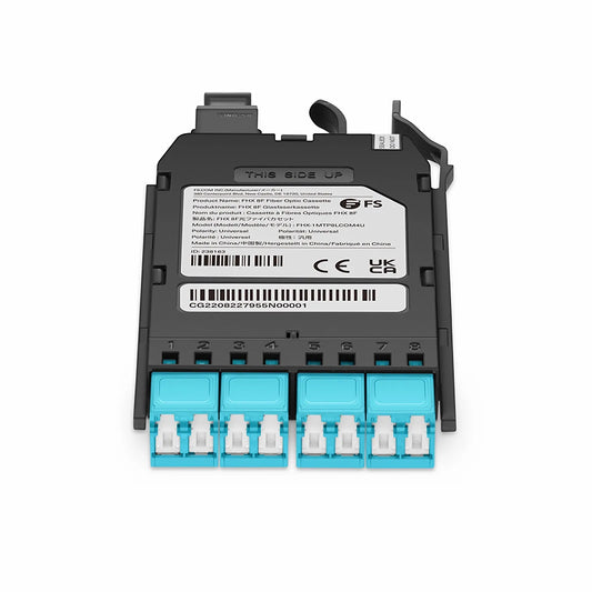 FHX™ MTP®-LC Cassette, OM4 Multimode, Universal, 8 Fibers, MTP®-8 (Male) to 4 x Shuttered LC Duplex (Aqua), 0.35dB Max.