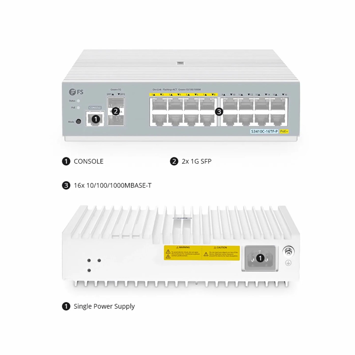 S3410C-16TF-P, 16-Port Gigabit Ethernet L2+ PoE+ Switch, 8 x PoE+ Ports@125W, 8 x 1Gb RJ45, with 2 x 1Gb SFP Uplinks, PicOS®, Support MLAG, Broadcom Chip, Fanless