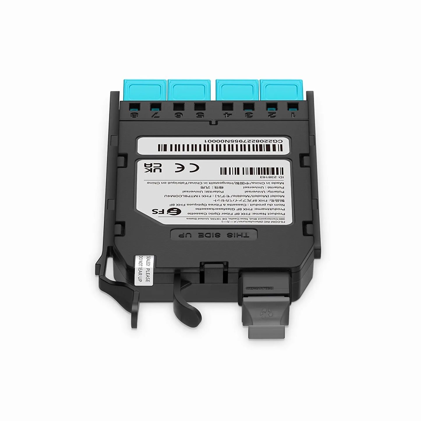FHX™ MTP®-LC Cassette, OM4 Multimode, Universal, 8 Fibers, MTP®-8 (Male) to 4 x Shuttered LC Duplex (Aqua), 0.35dB Max.