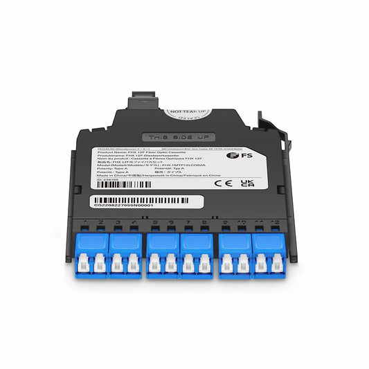 FHX™ MTP®-LC Cassette, OS2 Single Mode, Type A, 12 Fibers, MTP®-12 (Male) to 6 x Shuttered LC Duplex (Blue), 0.35dB Max.