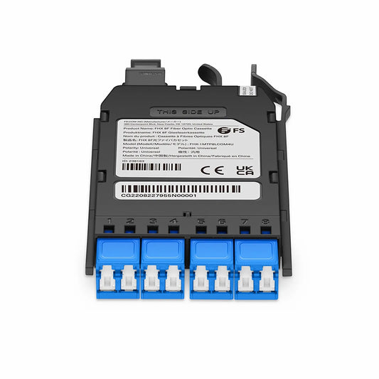 FHX™ MTP®-LC Cassette, OS2 Single Mode, Universal, 8 Fibers, MTP®-8 (Male) to 4 x Shuttered LC Duplex (Blue), 0.35dB Max.