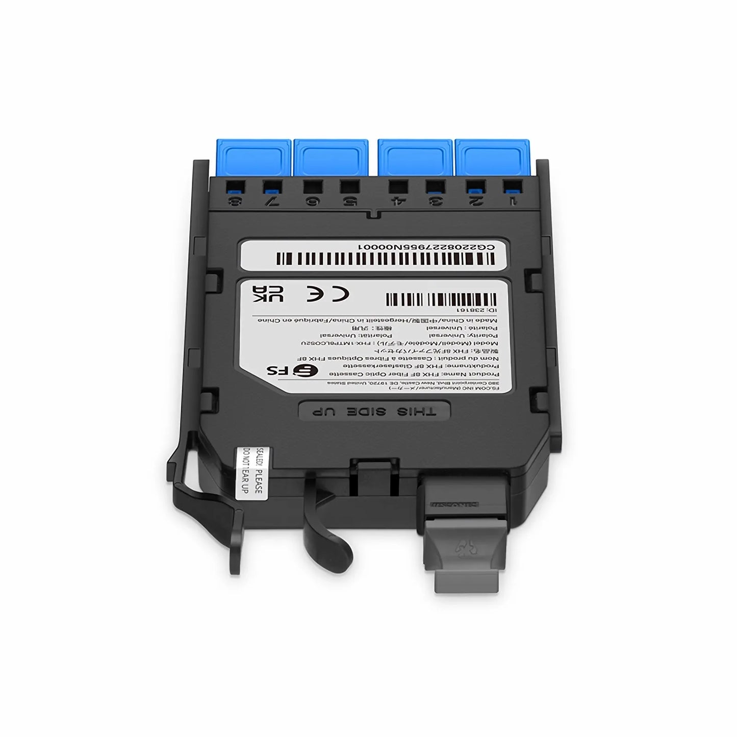 FHX™ MTP®-LC Cassette, OS2 Single Mode, Universal, 8 Fibers, MTP®-8 (Male) to 4 x Shuttered LC Duplex (Blue), 0.35dB Max.