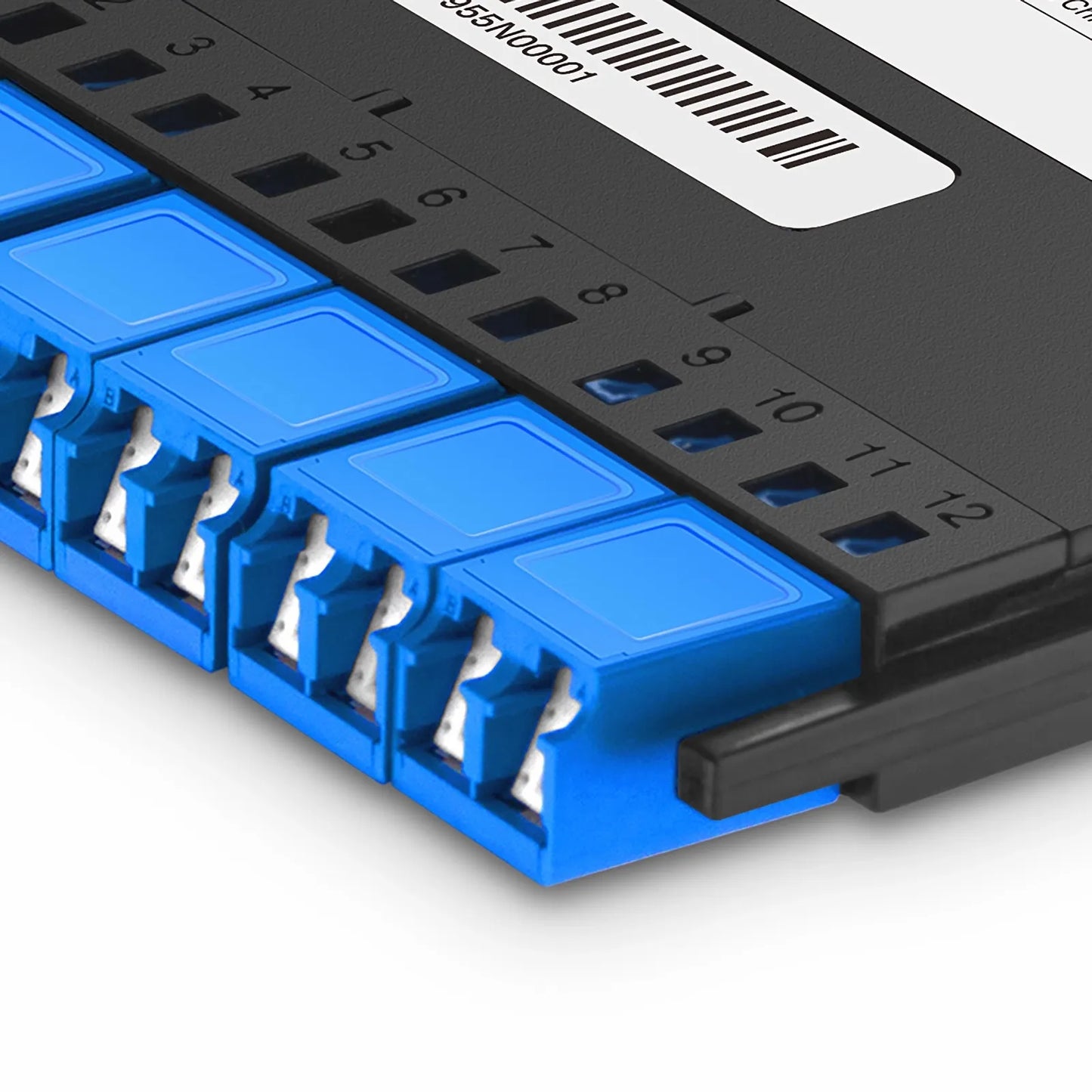 FHX™ MTP®-LC Cassette, OS2 Single Mode, Type AF, 12 Fibers, MTP®-12 (Male) to 6 x Shuttered LC Duplex (Blue), 0.35dB Max.