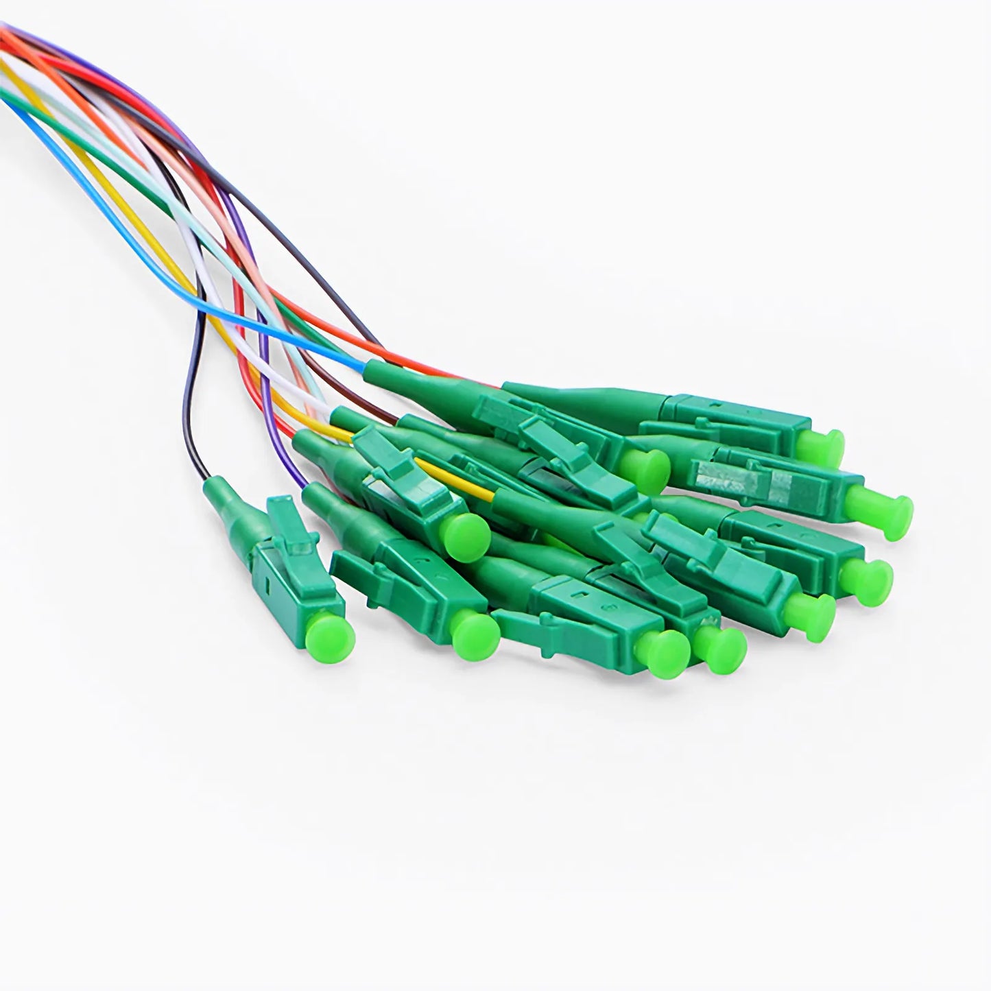 2m (7ft) Fiber Pigtail, LC APC to Unterminated, 12 Fibers, Unjacketed Color-Coded, OS2 Single Mode, PVC (Unrated), 0.9mm, 12-Color