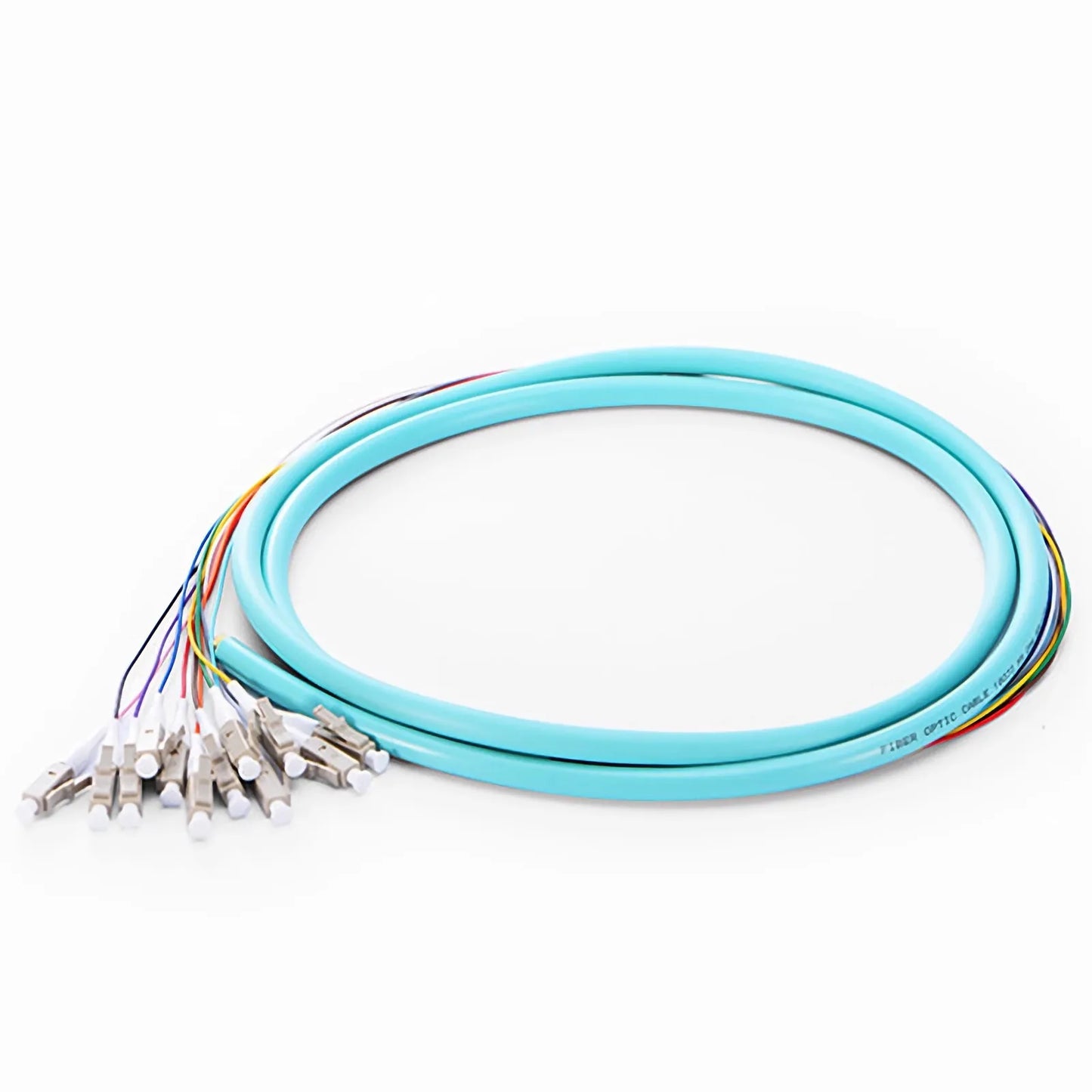 1.5m (5ft) Fiber Pigtail, LC UPC to Unterminated, 12 Fibers, Bunch, OM3 Multimode, PVC (Unrated), 0.9mm, Aqua