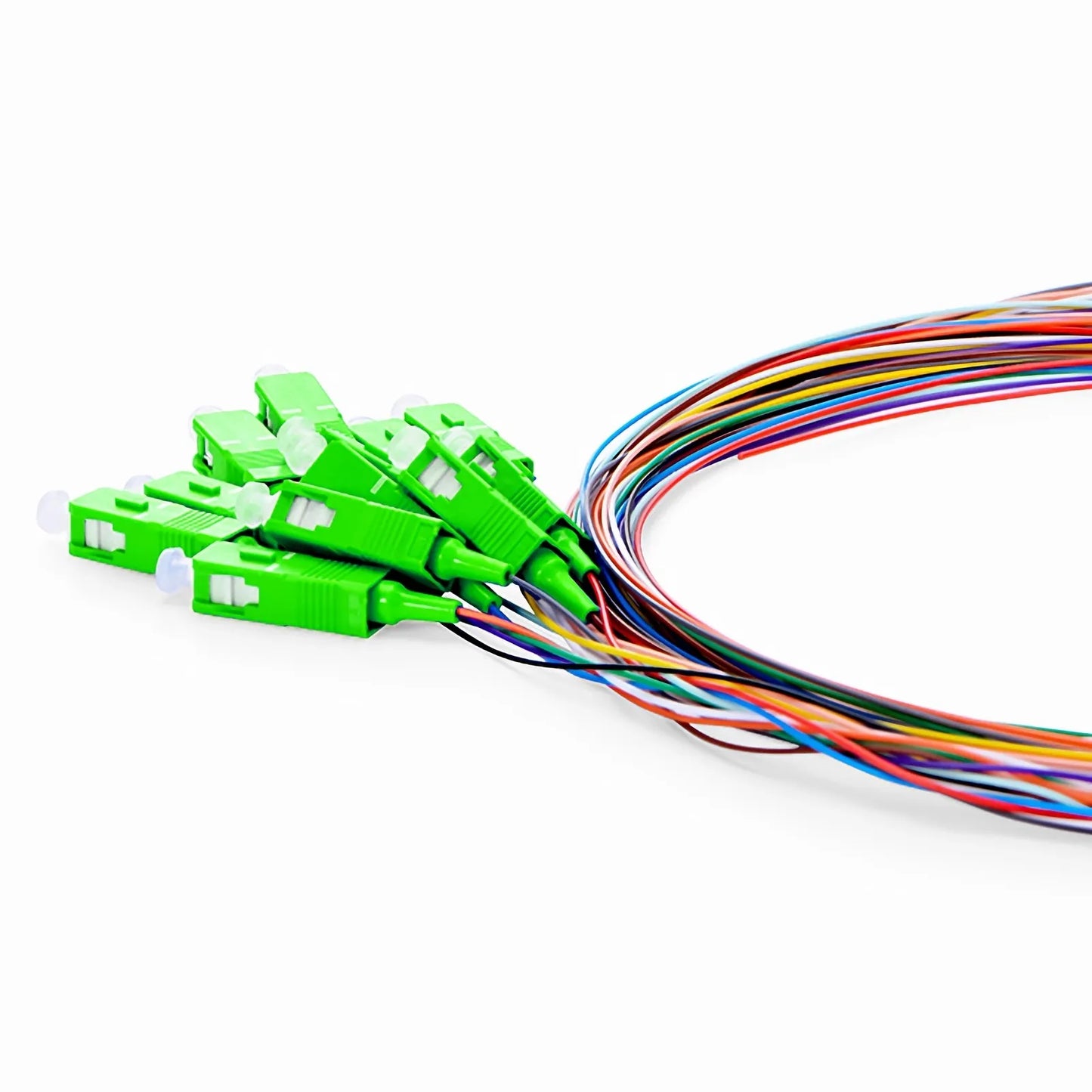 2m (7ft) Fiber Pigtail, SC APC to Unterminated, 12 Fibers, Unjacketed Color-Coded, OS2 Single Mode, PVC (Unrated), 0.9mm, 12-Color