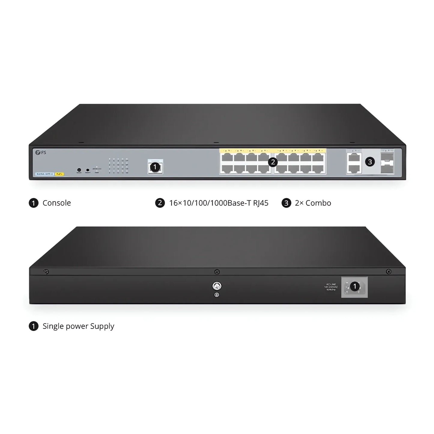 S3250-16TF-U, 16-Port Gigabit Ethernet L2 PoE++ Switch, 16 x PoE+ Ports @240W, with 2 x 1Gb Combo Uplinks