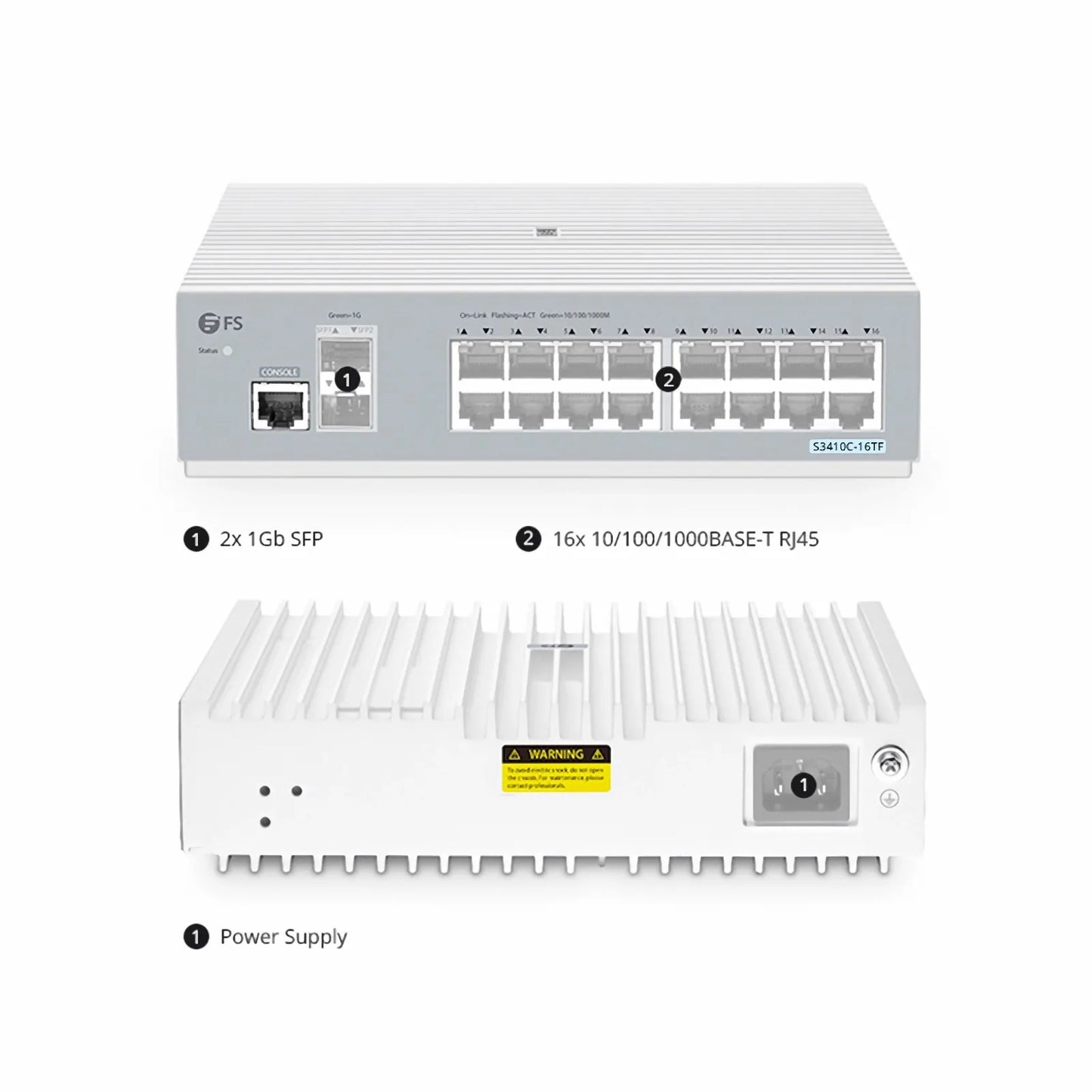 S3410C-16TF, 16-Port Gigabit Ethernet L2+ Switch, 16 x 1Gb RJ45, with 2 x 1Gb SFP Uplinks, PicOS®, Support MLAG, Broadcom Chip, Fanless