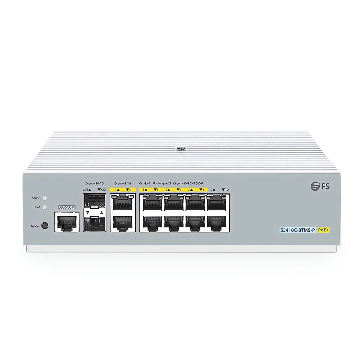 S3410C-8TMS-P, 8-Port Gigabit Ethernet L2+ PoE+ Switch, 8 x PoE+ Ports@125W, 2 x 5Gb RJ45, with 2 x 10Gb SFP+ Uplinks, PicOS®, Support MLAG, Broadcom Chip, Fanless