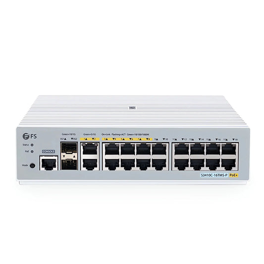 S3410C-16TMS-P, 16-Port Gigabit Ethernet L2+ PoE+ Switch, 6 x PoE+ Ports, 2 x 5Gb PoE+ Ports@125W, 10 x 1Gb RJ45, with 2 x 10Gb SFP+ Uplinks, PicOS®, Support MLAG, Broadcom Chip, Fanless