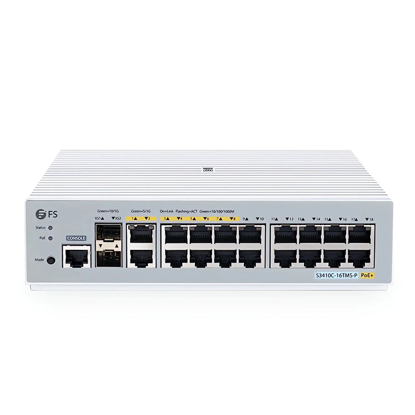 S3410C-16TMS-P, 16-Port Gigabit Ethernet L2+ PoE+ Switch, 6 x PoE+ Ports, 2 x 5Gb PoE+ Ports@125W, 10 x 1Gb RJ45, with 2 x 10Gb SFP+ Uplinks, PicOS®, Support MLAG, Broadcom Chip, Fanless