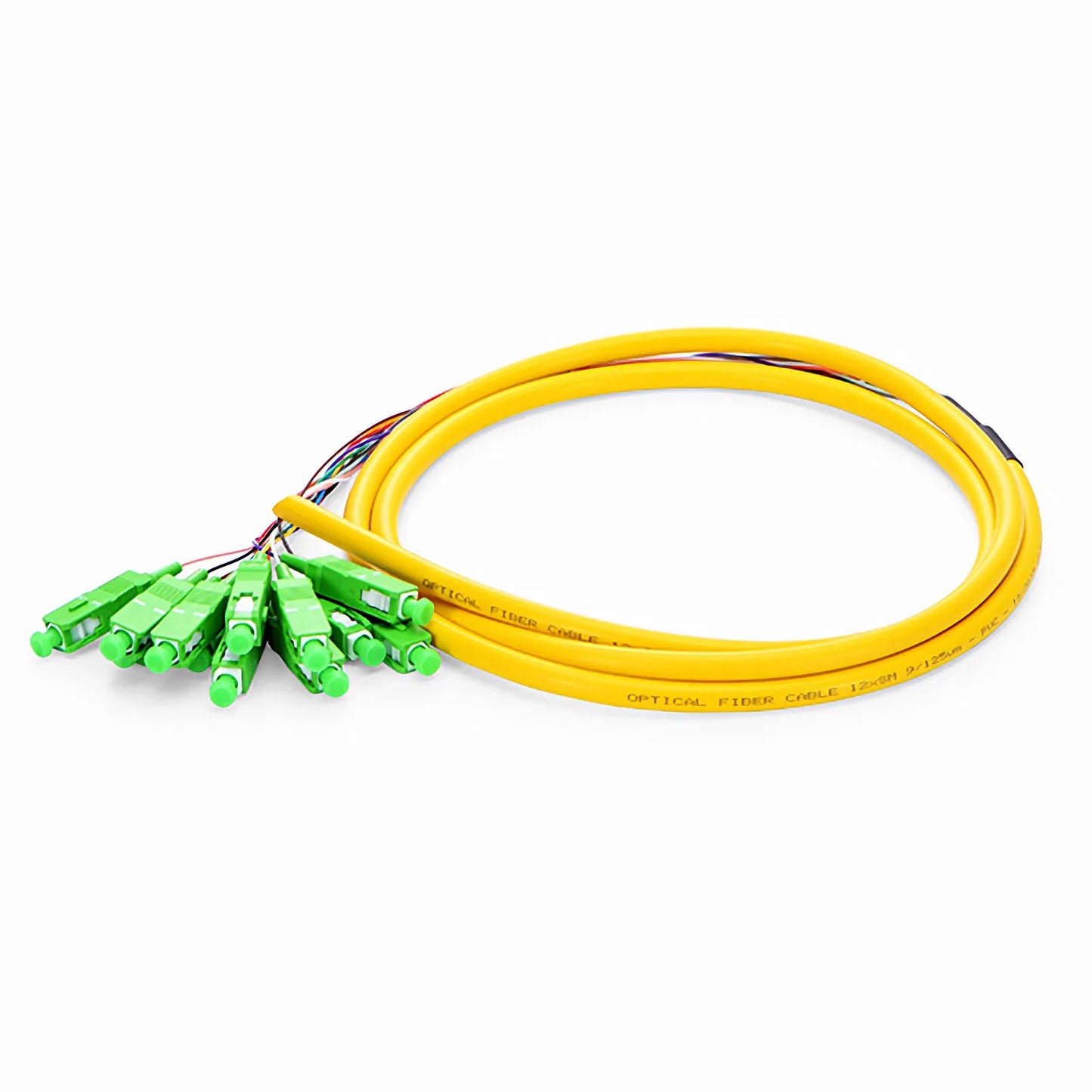 1.5m (5ft) Fiber Pigtail, SC APC to Unterminated, 12 Fibers, Bunch, OS2 Single Mode, PVC (Unrated), 0.9mm, Yellow