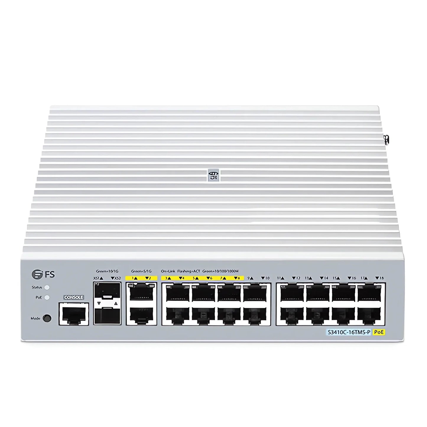 S3410C-16TMS-P, 16-Port Gigabit Ethernet L2+ PoE+ Switch, 6 x PoE+ Ports, 2 x 5Gb PoE+ Ports@125W, 10 x 1Gb RJ45, with 2 x 10Gb SFP+ Uplinks, PicOS®, Support MLAG, Broadcom Chip, Fanless